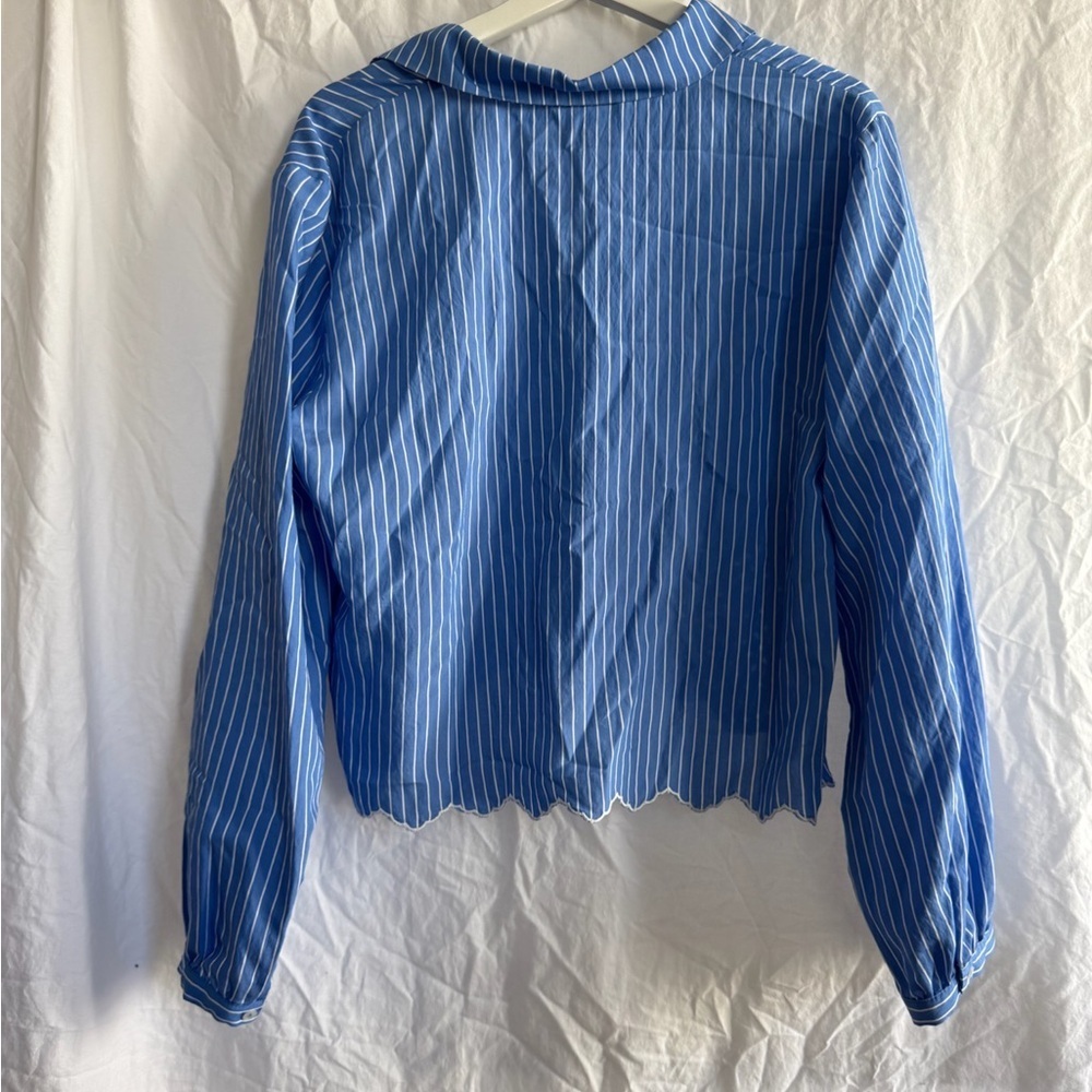 Zara Blue Striped Button Embroidered Lace
Cropped Boyfriend Blouse Size Large - Picture 6 of 11